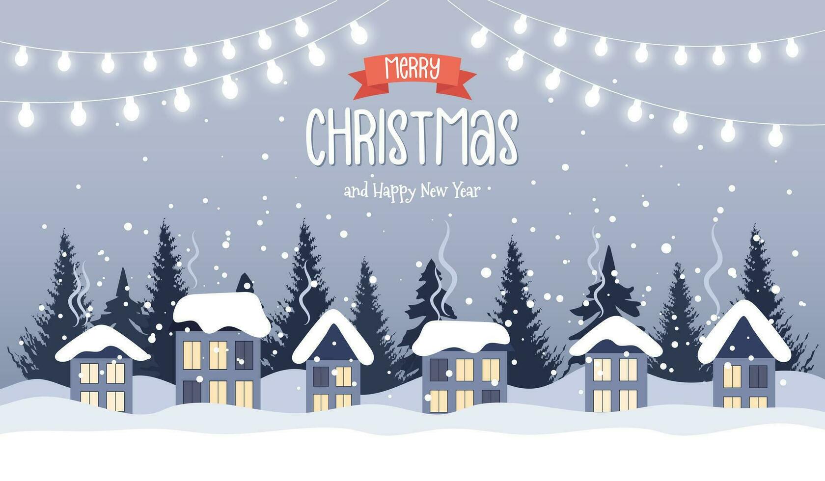 Noël village paysage illustration avec mignonne Maisons, sapin des arbres et guirlandes avec lumières. illustration avec caractères dans plat style. vecteur