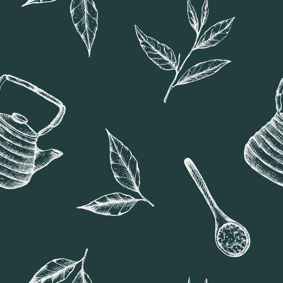 vecteur illustration de une sans couture modèle de thé feuilles et théière sur une foncé vert Contexte. blanc feuilles sur foncé pour emballage ou emballage papier, en tissu