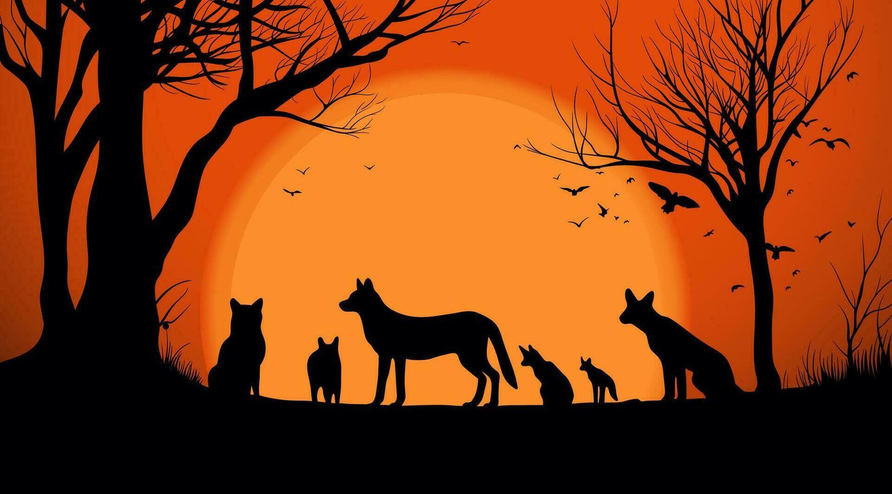 silhouettes de une groupe de animaux permanent près une arbre vecteur