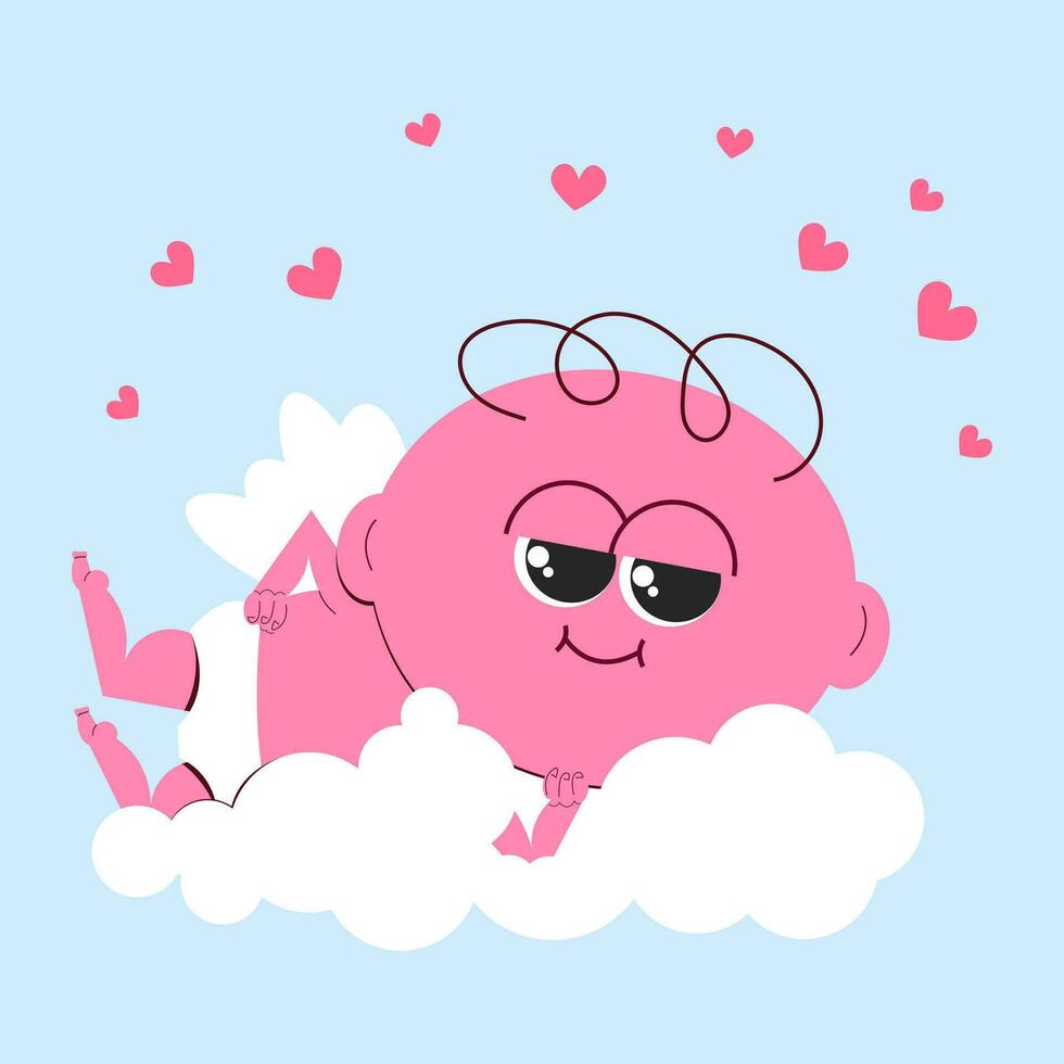 peu Cupidon mensonges sur une nuage. vecteur illustration de un ange personnage. ange mascotte avec cœurs.