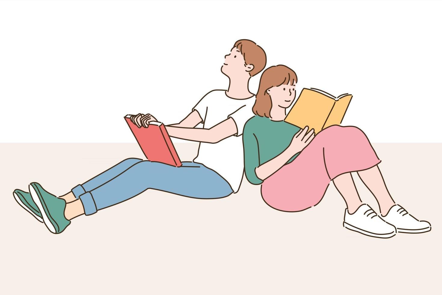 un homme et une femme lisent un livre, assis l'un sur l'autre. illustrations de conception de vecteur de style dessinés à la main.