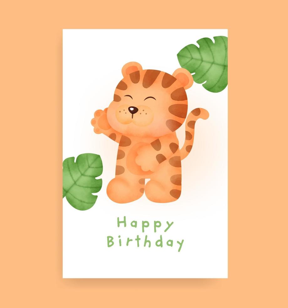 carte d'anniversaire avec un tigre mignon dans un style aquarelle vecteur
