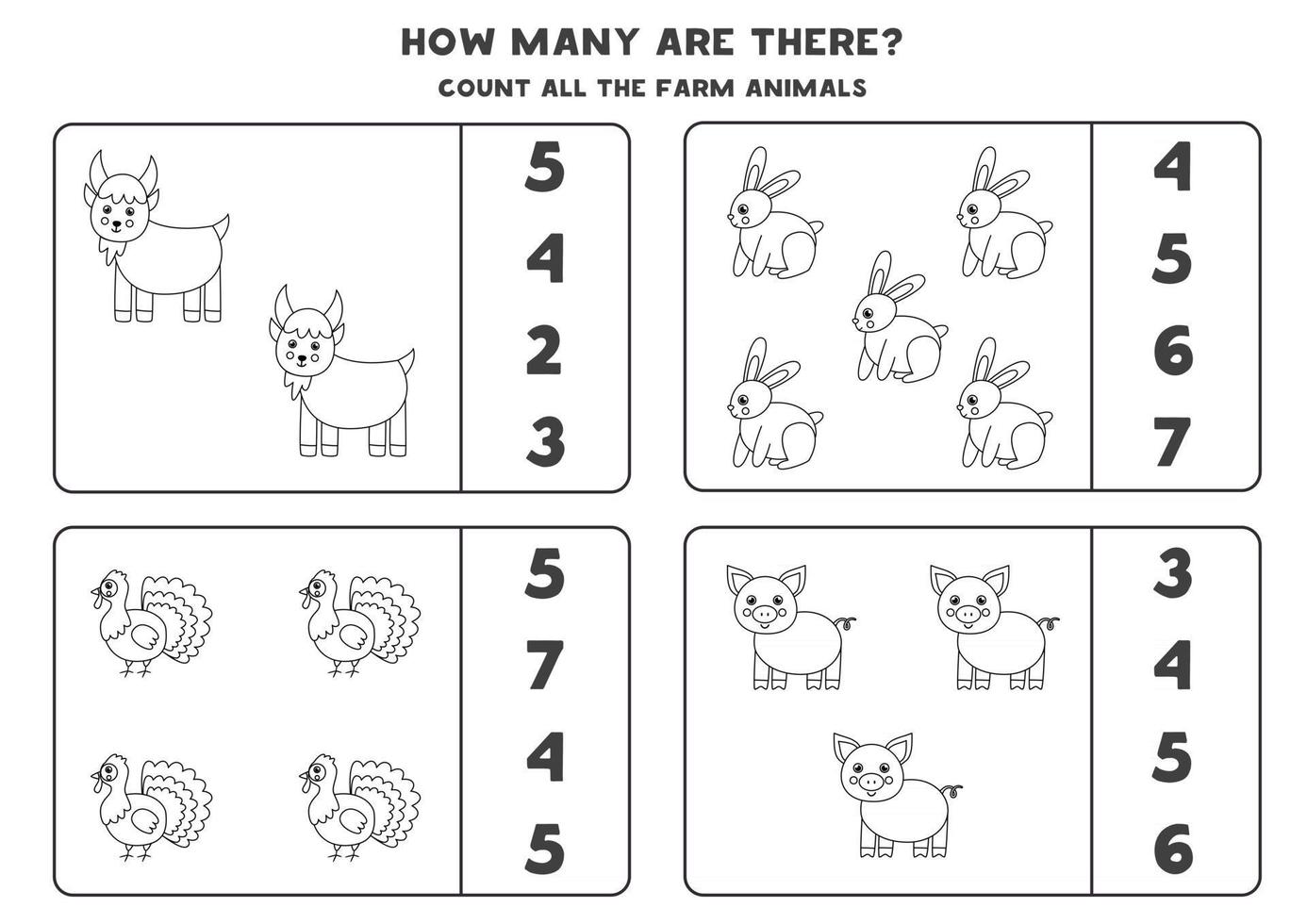 jeu de comptage avec des animaux de ferme en noir et blanc. feuille de calcul mathématique. vecteur