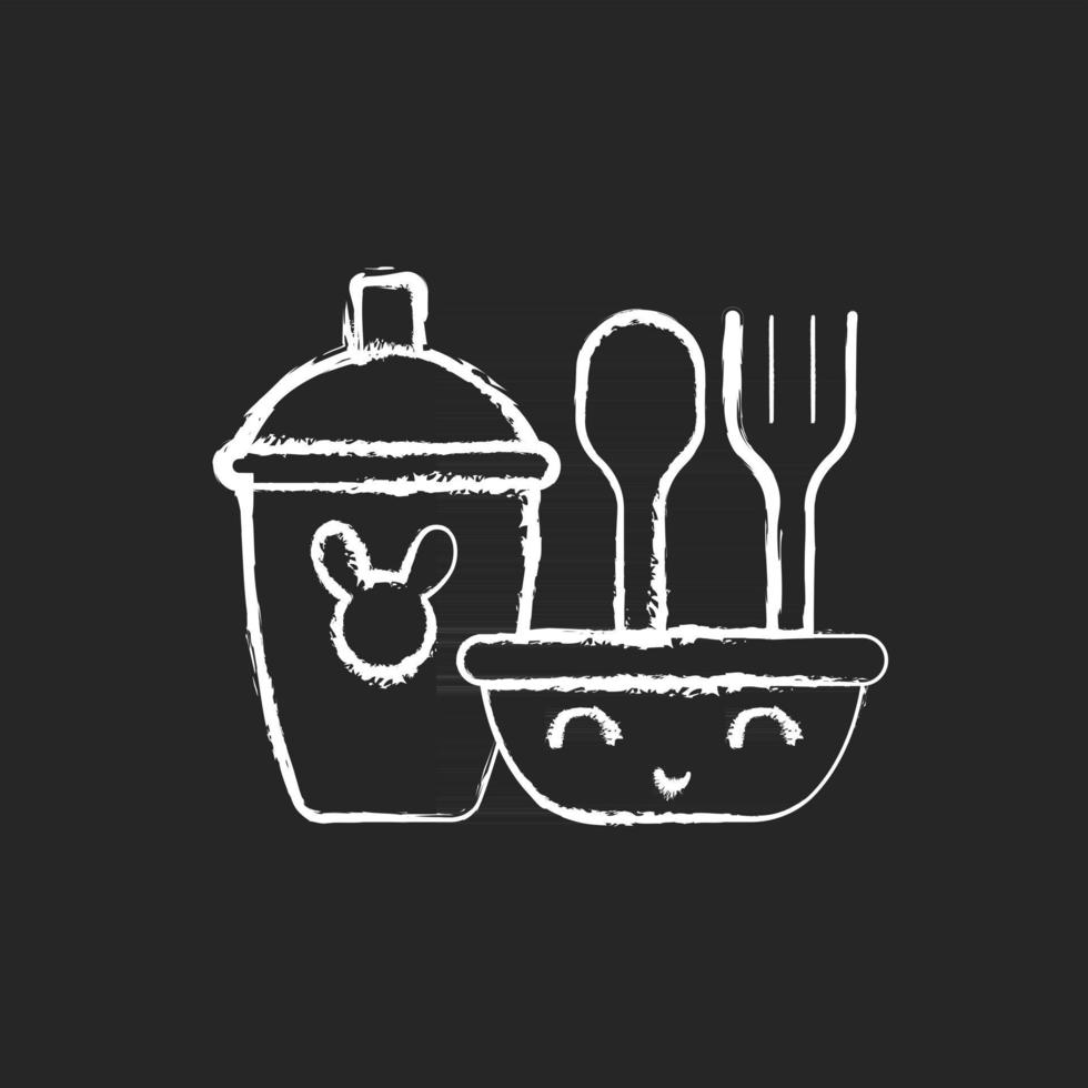 vaisselle enfants craie icône blanche sur fond sombre. assiettes pour que les enfants mangent confortablement. apprendre à manger. fourchettes et cuillères en plastique caoutchouté. illustration de tableau de vecteur isolé sur fond noir