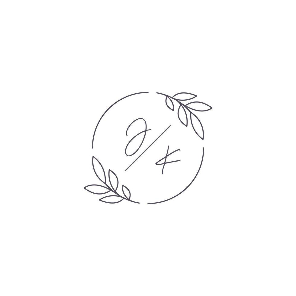 initiales jk monogramme mariage logo avec Facile feuille contour et cercle style vecteur