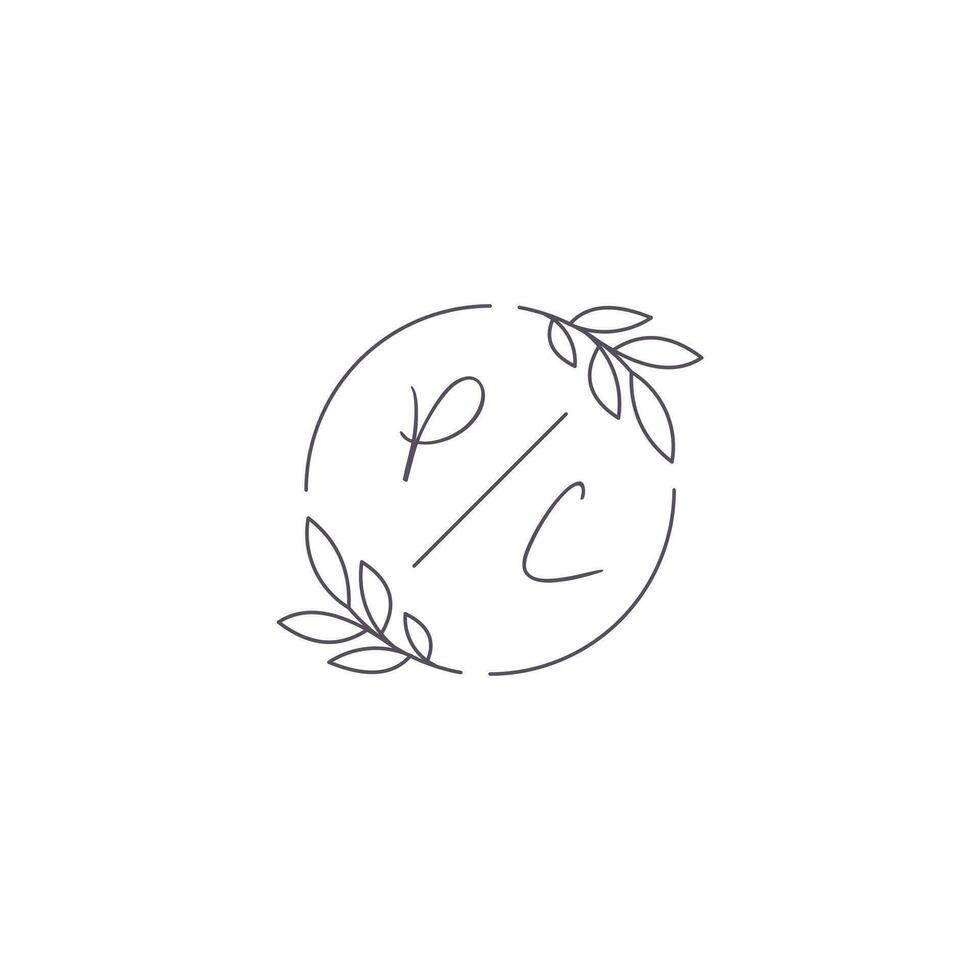 initiales PC monogramme mariage logo avec Facile feuille contour et cercle style vecteur