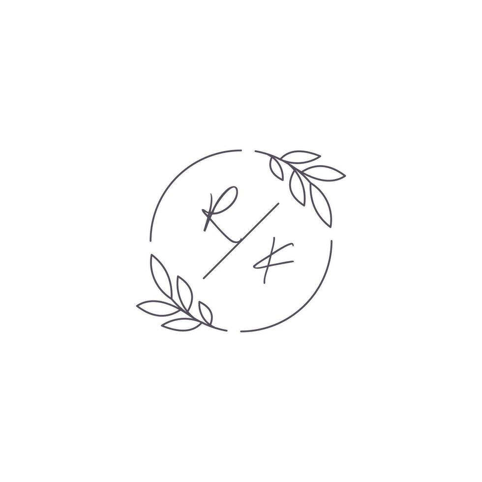 initiales rk monogramme mariage logo avec Facile feuille contour et cercle style vecteur