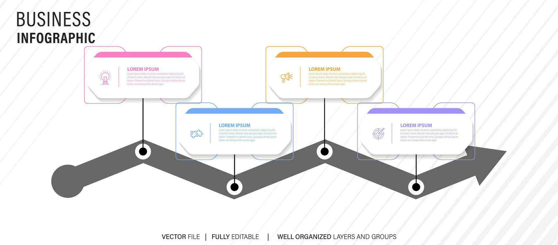 concept de affaires modèle avec 4 successif pas. quatre coloré graphique éléments. chronologie conception pour brochure, présentation. infographie conception disposition vecteur