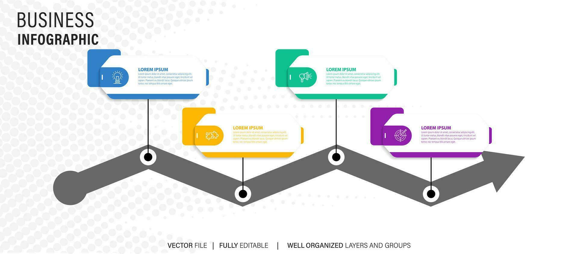 concept de affaires modèle avec 4 successif pas. quatre coloré graphique éléments. chronologie conception pour brochure, présentation. infographie conception disposition vecteur