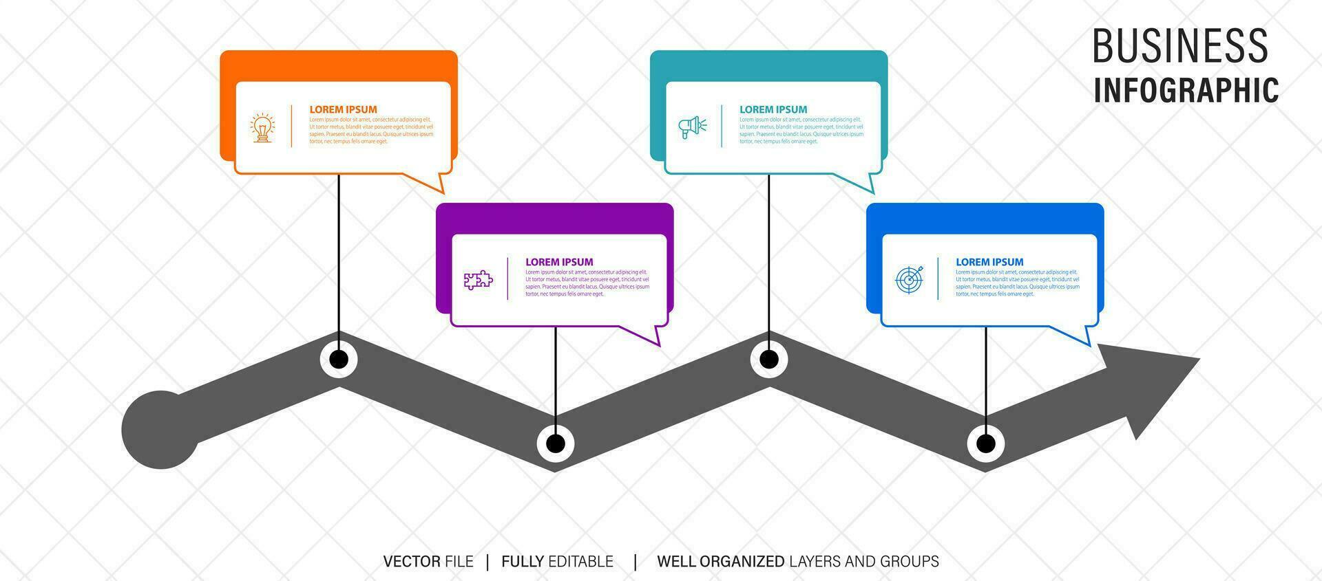 4 éléments schème, diagramme. quatre connecté Les manches. infographie modèle. vecteur