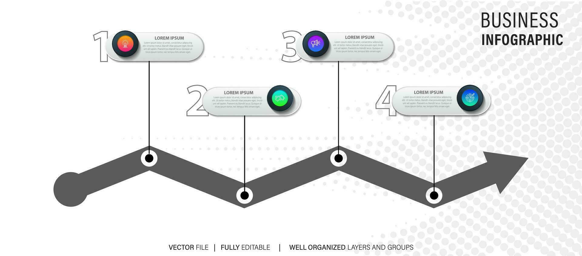 graphique chronologie infographie modèle ou élément avec 4 projet, processus, marcher, option, coloré bar, flèche, minimal, moderne style pour vente glisser, planificateur, flux de travail, feuille de route, la toile vecteur