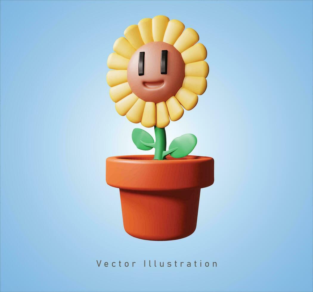 Soleil fleur avec sourire visage dans 3d vecteur illustration