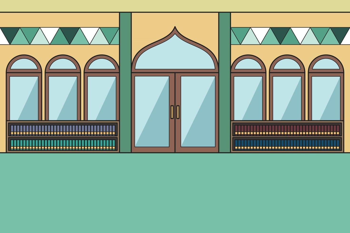 à l'intérieur de la mosquée avec une étagère en arrière-plan. vecteur. livre pour enfants. vecteur