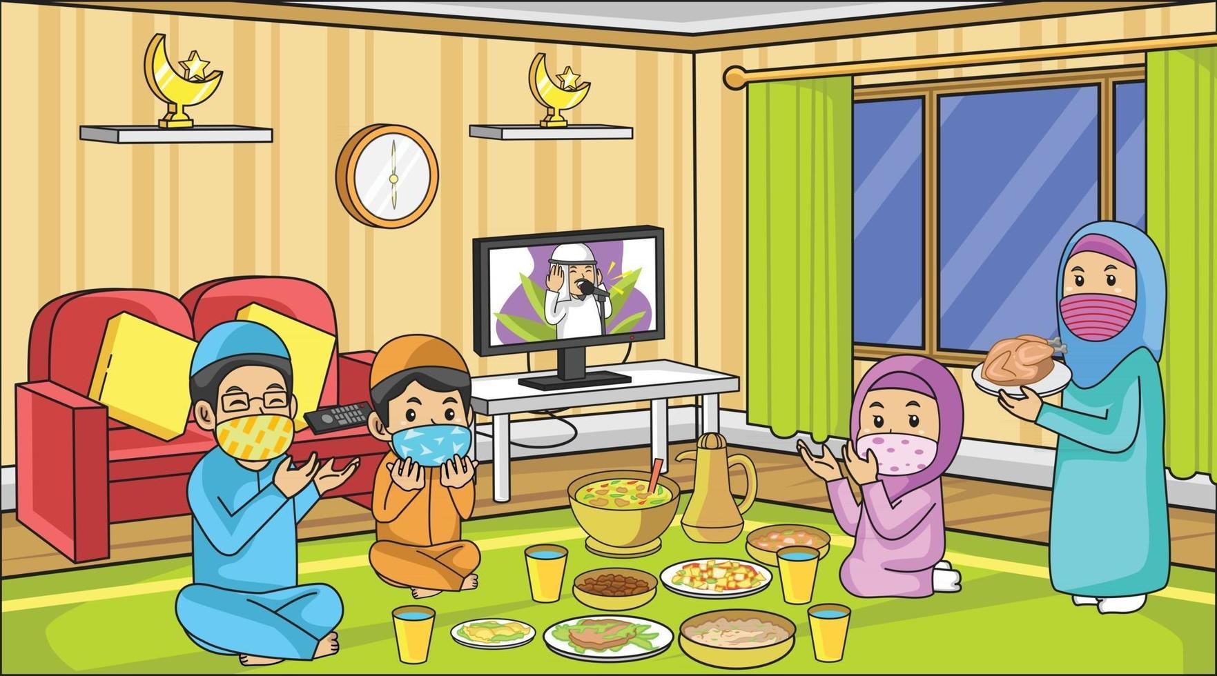 pendant la pandémie du virus corona, prier la nourriture iftar ramadhan avec la famille. restez à la maison avec le mois de ramadan. activité musulmane et priez. vecteur