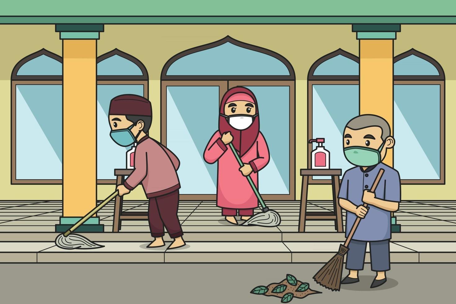 les enfants nettoient la cour de la mosquée avec des masques faciaux. vecteur. livre pour enfants. vecteur