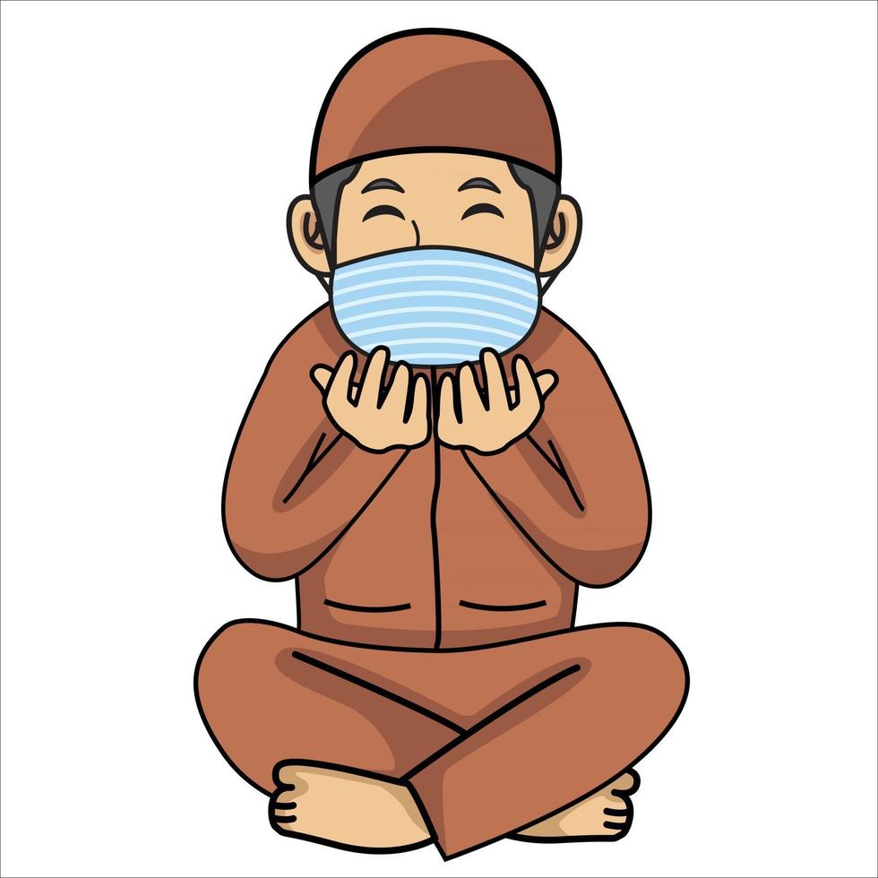 homme musulman priant la nuit, mois de ramadan, à l'aide d'un masque et d'un protocole sain. illustration de caractère. vecteur