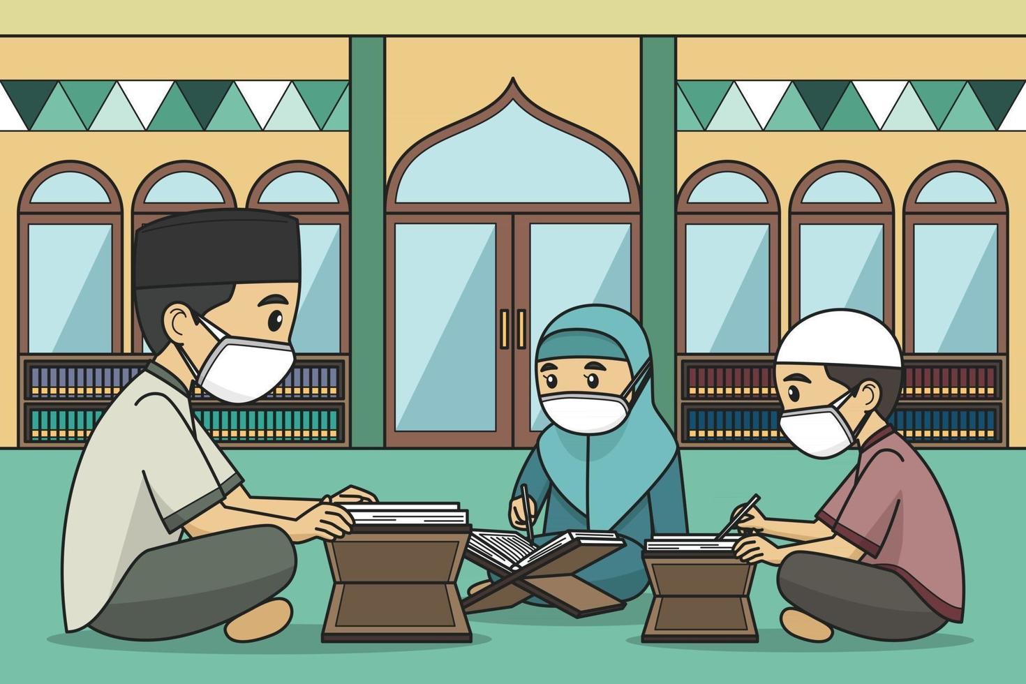l'ustaz et ses étudiants lisaient le coran dans la mosquée vêtus d'habits musulmans. vecteur. livre pour enfants. vecteur