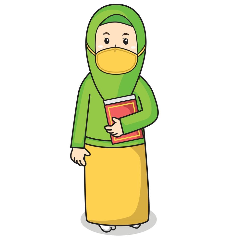 la femme musulmane utilise une robe verte musulmane traditionnelle. apportez le livre sacré d'al coran au mois de ramadan, en utilisant un masque et un protocole sain. illustration de caractère. vecteur