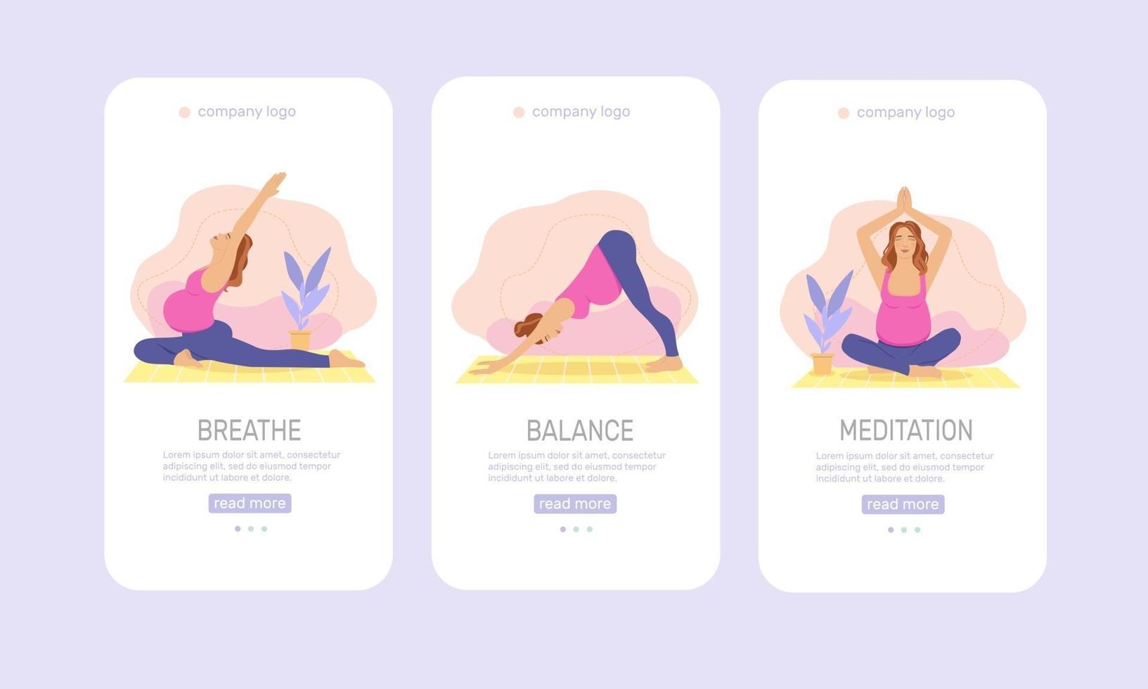 modèles mobiles vectoriels ou écrans d'intégration d'applications mobiles pour les amateurs de yoga. pose de yoga pour femme enceinte. concept de grossesse saine. femme enceinte faisant des exercices de yoga et des poses de yoga. vecteur