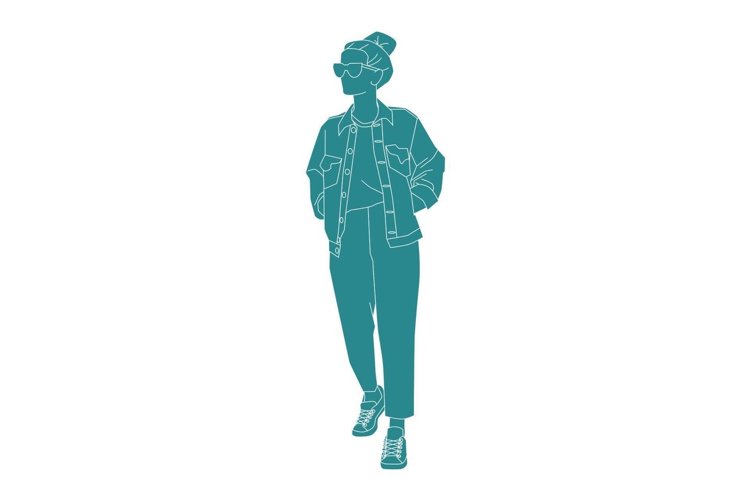 illustration vectorielle d'une femme décontractée sur le côté portant une veste en jean, style plat avec contour vecteur