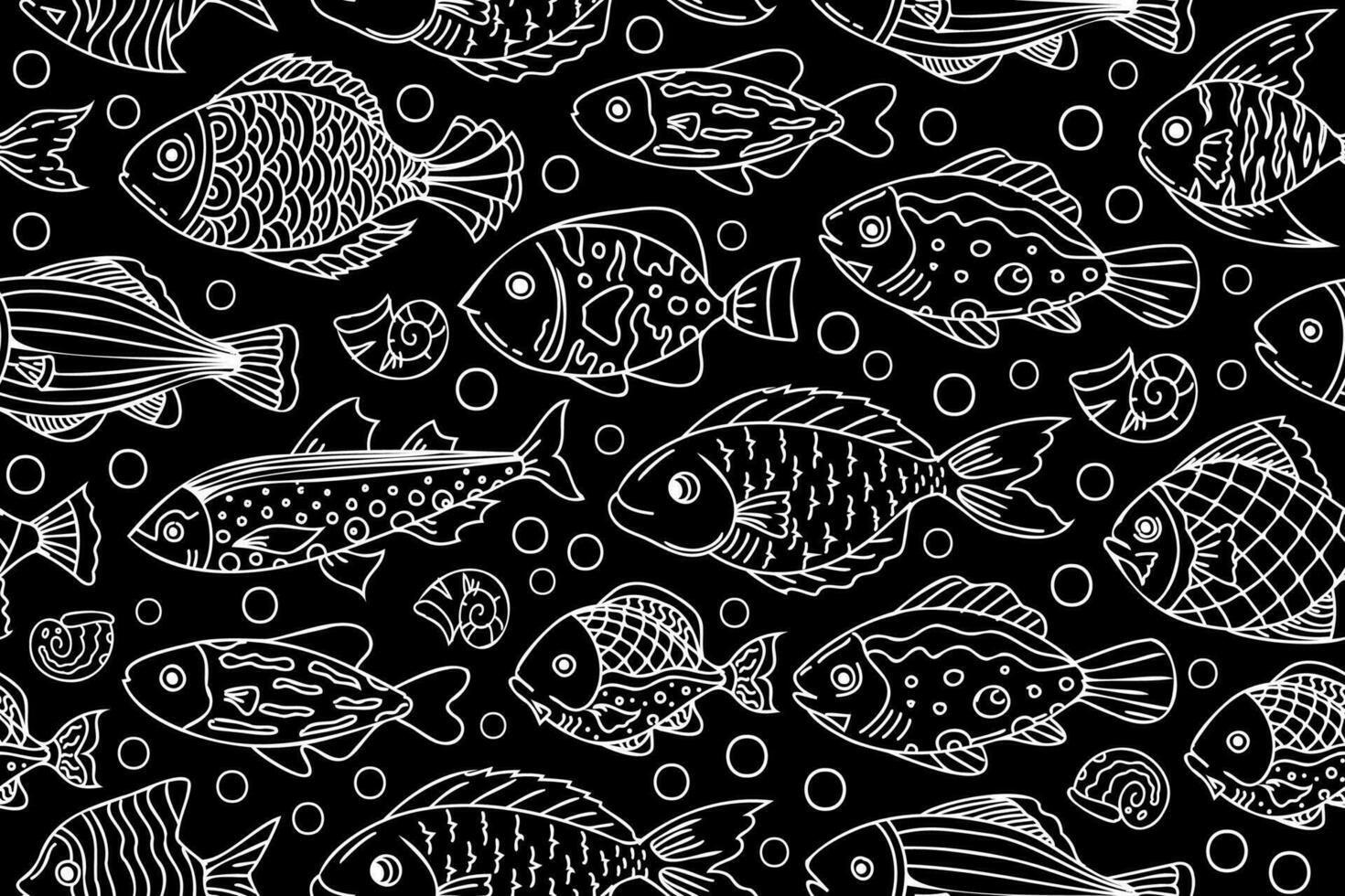 noir et blanc sans couture poisson modèle. abstrait modèle avec blanc, main tiré des poissons sur une noir Contexte vecteur