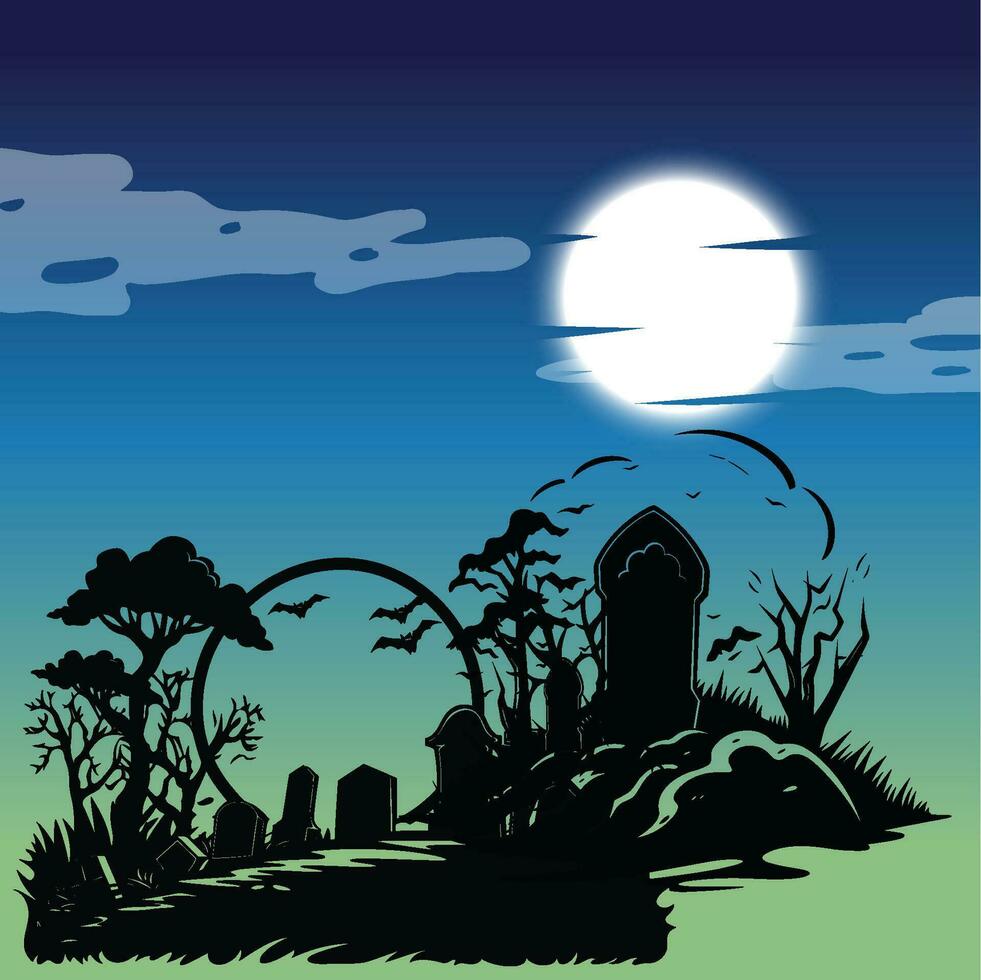 silhouette de une cimetière en dessous de une plein lune vecteur