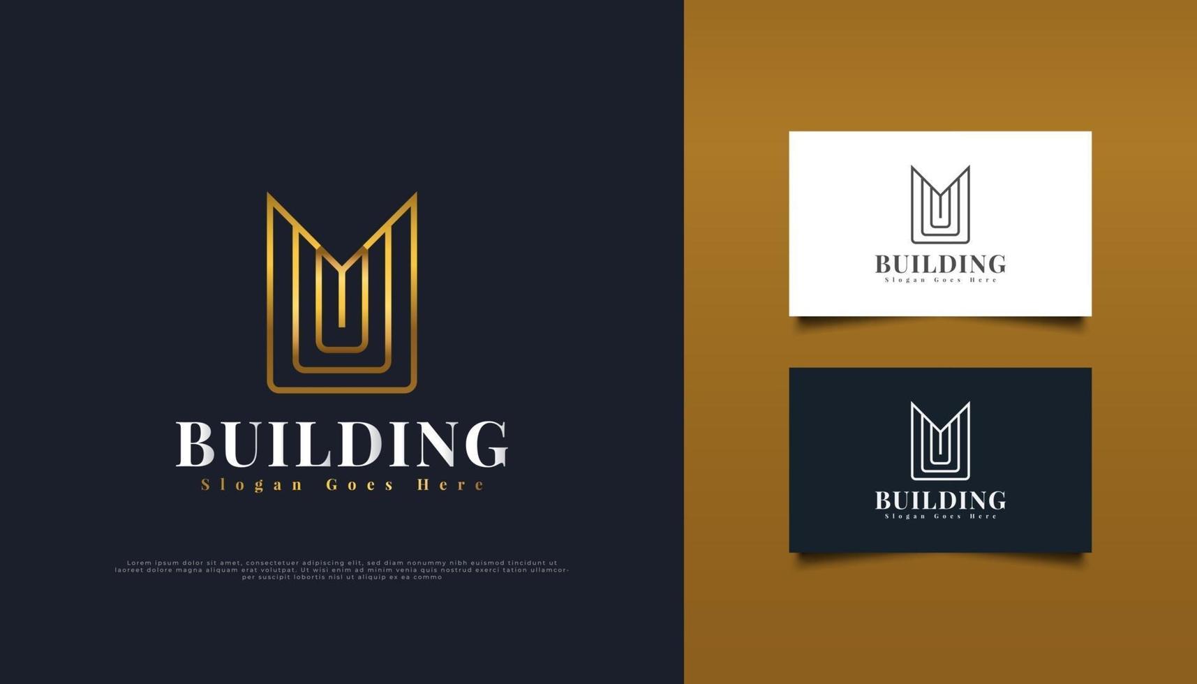 création de logo immobilier en or avec la lettre initiale m dans un concept minimaliste. modèle de conception de logo de construction, d'architecture ou de bâtiment vecteur