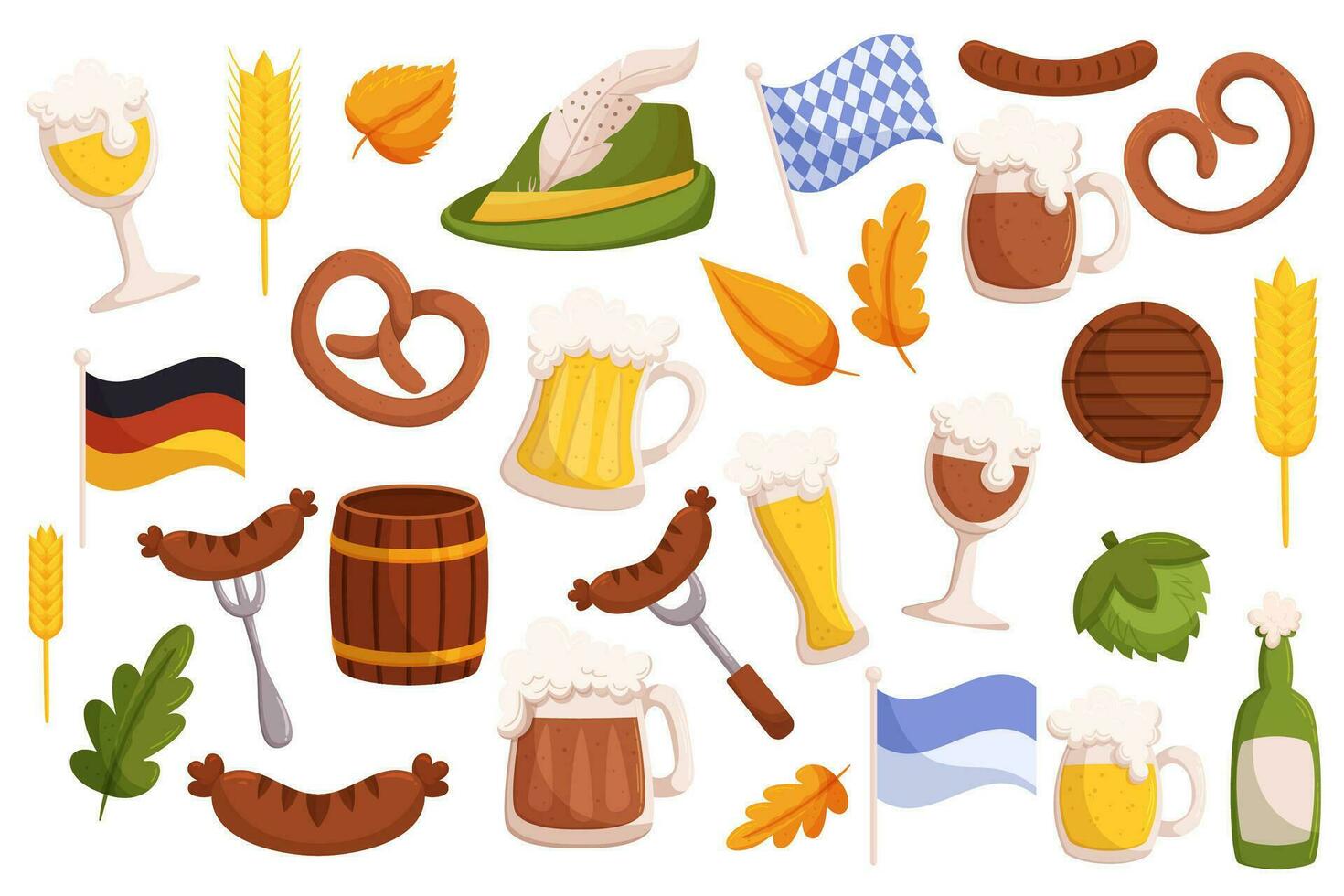 Bière Festival éléments collection. ensemble de allemand traditionnel fest objets - Bière verre tasse, grillé saucisses, bretzel, drapeaux dans traditionnel couleurs, tyrolienne chapeau avec plume. vecteur