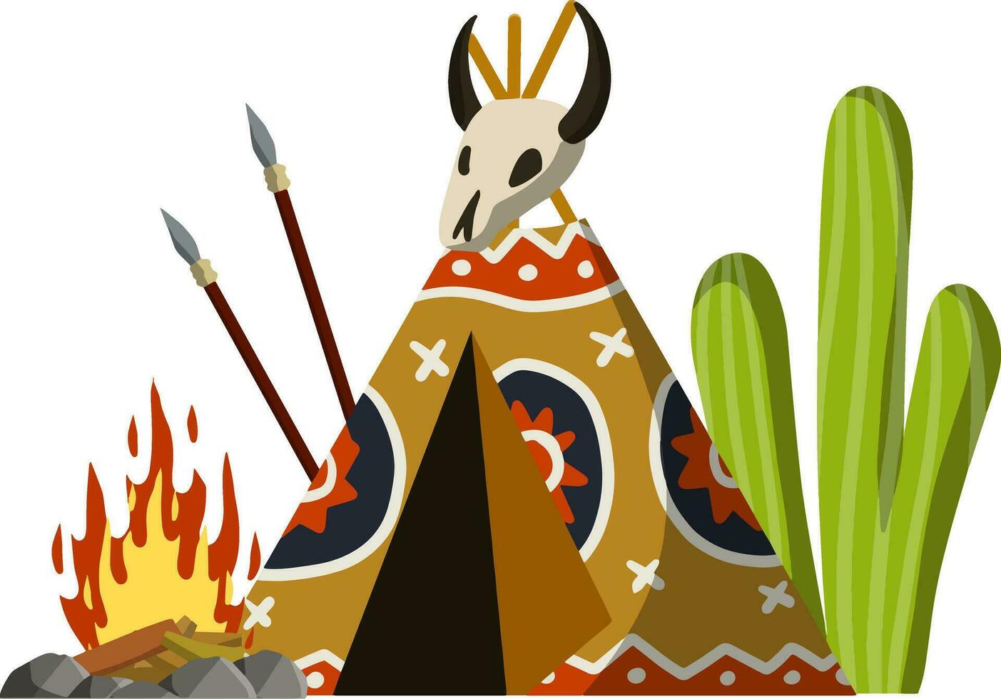 Indien wigwam. Accueil de originaire de Américain. tente fabriqué de peaux. marron tipi. tribal cabane. lance et crâne de animal. dessin animé plat illustration. vecteur