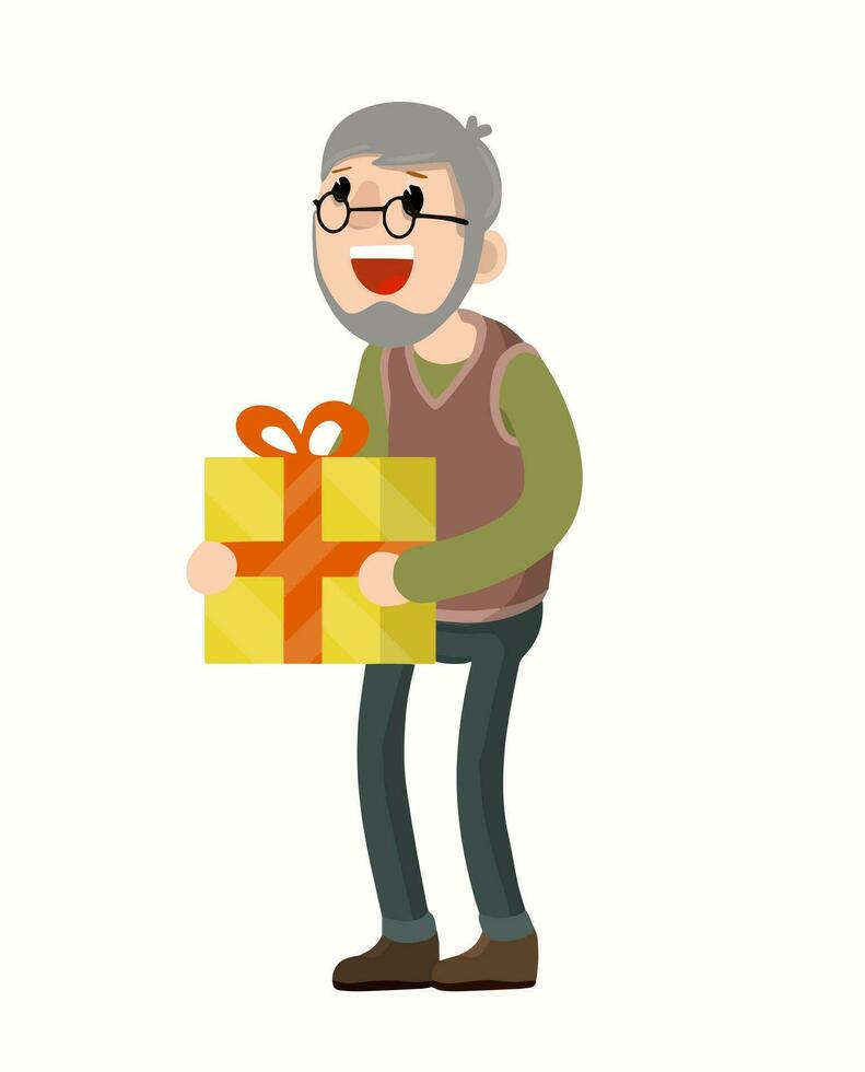 grand-père tient une boîte-cadeau. félicitations à la famille en vacances. grand-père jour. vieil homme heureux. anniversaire senior. illustration plate de dessin animé vecteur