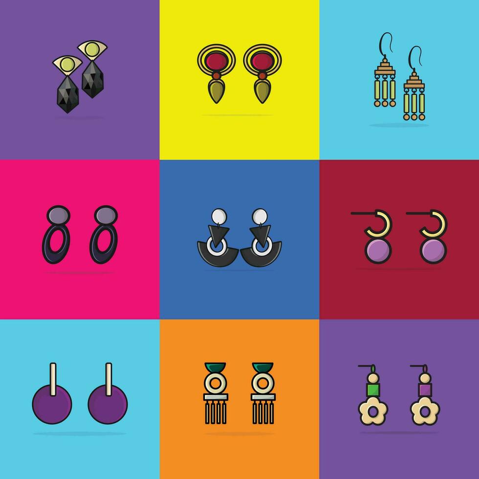 coloré des boucles d'oreilles collection vecteur illustration. un événement des boucles d'oreilles fête porter bijoux conception. beauté mode objets ensemble icône concept.