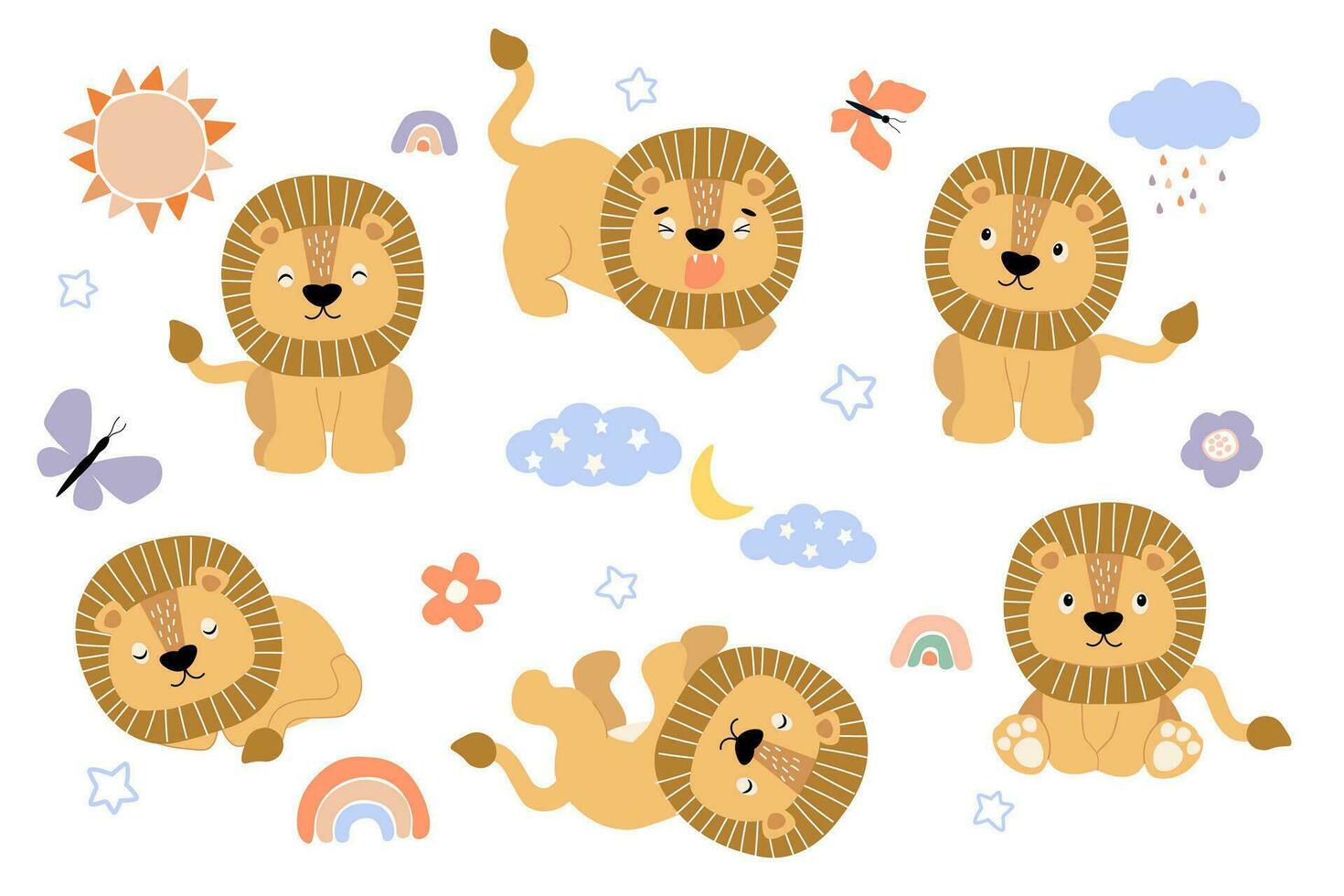 enfants ensemble de éléments mignonne marrant dessin animé Lion lionceau dort, grogne, des stands contre le Contexte de le soleil, des nuages, papillons, arc-en-ciel. vecteur graphique.