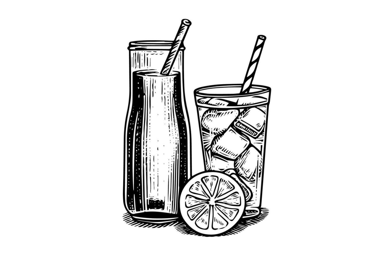 cruche de l'eau avec citron main tiré gravure style vecteur illustration