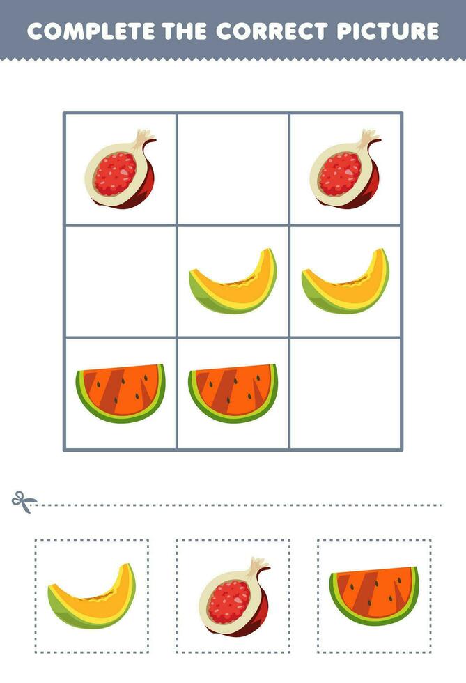 éducation Jeu pour les enfants Achevée le correct image de une mignonne dessin animé melon Grenade et pastèque imprimable fruit feuille de travail vecteur