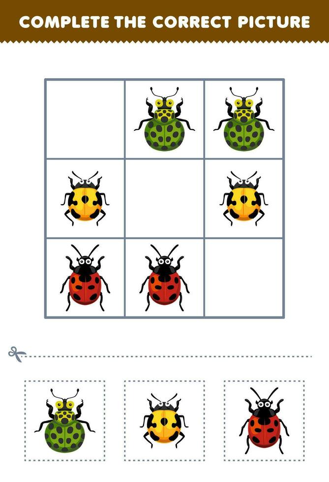 éducation Jeu pour les enfants Achevée le correct image de une mignonne dessin animé coccinelle imprimable punaise feuille de travail vecteur