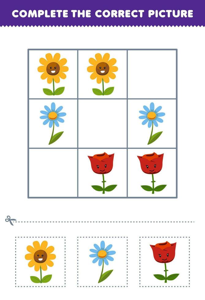 éducation Jeu pour les enfants Achevée le correct image de une mignonne dessin animé fleurs imprimable la nature feuille de travail vecteur