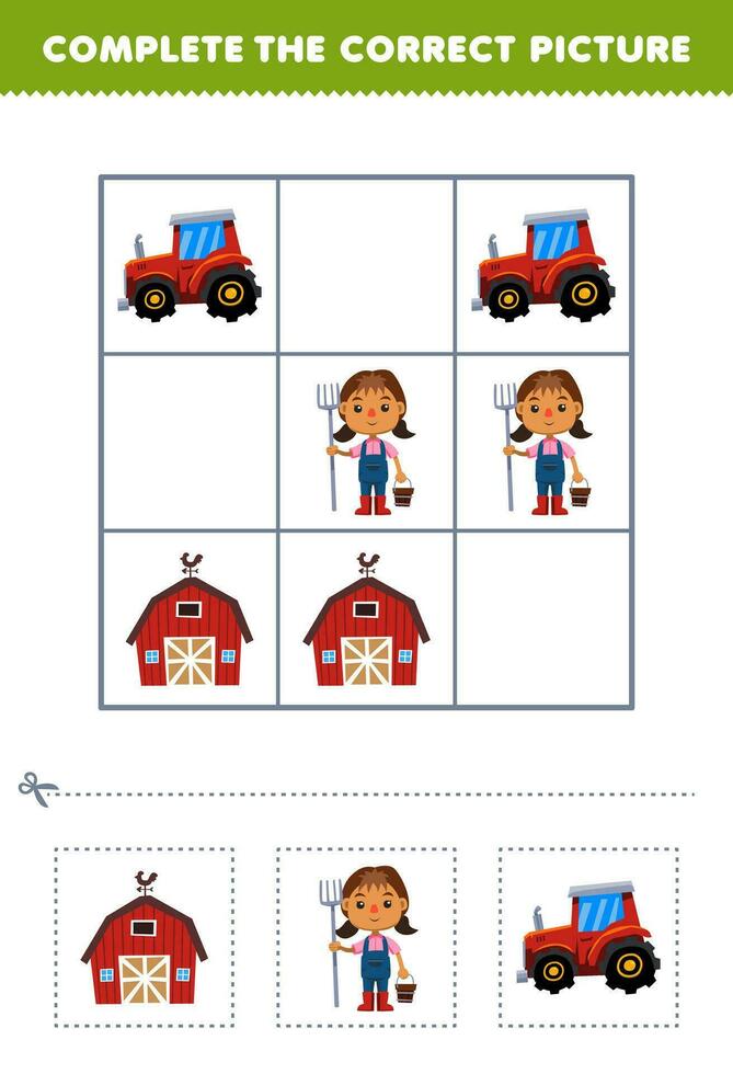 éducation Jeu pour les enfants Achevée le correct image de une mignonne dessin animé Grange agriculteur et tracteur imprimable profession feuille de travail vecteur