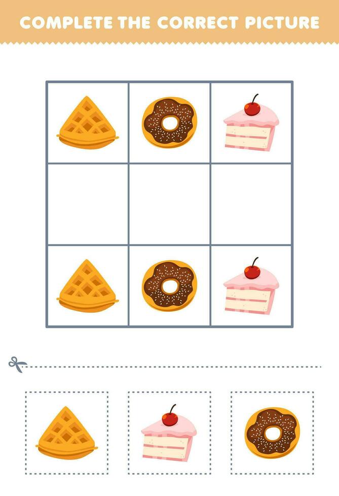 éducation Jeu pour les enfants Achevée le correct image de une mignonne dessin animé gaufre gâteau et Donut imprimable nourriture feuille de travail vecteur