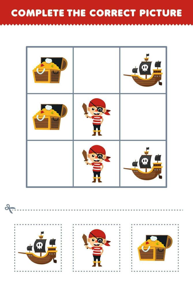 éducation Jeu pour les enfants Achevée le correct image de une mignonne dessin animé pirate navire et Trésor poitrine imprimable Halloween feuille de travail vecteur