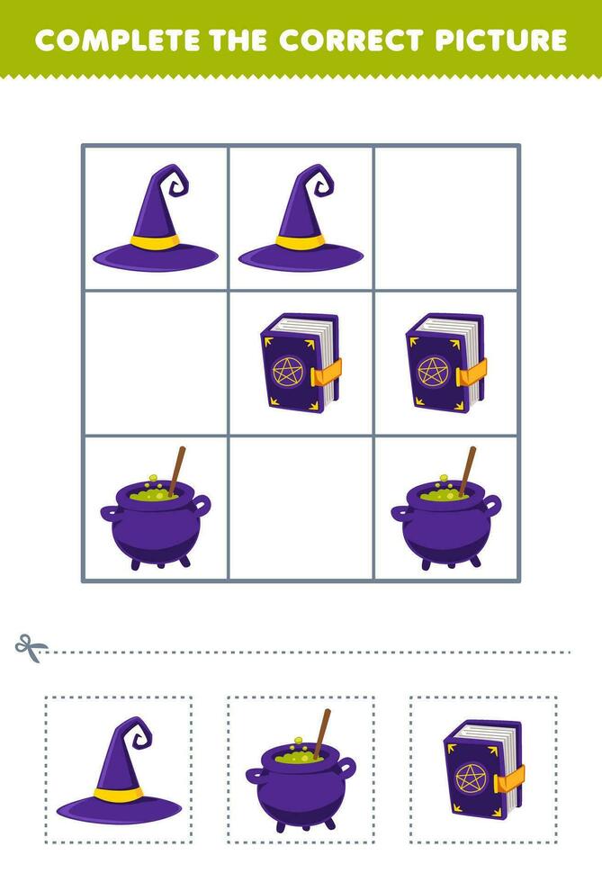 éducation Jeu pour les enfants Achevée le correct image de une mignonne dessin animé sorcière chapeau chaudron et la magie livre imprimable Halloween feuille de travail vecteur