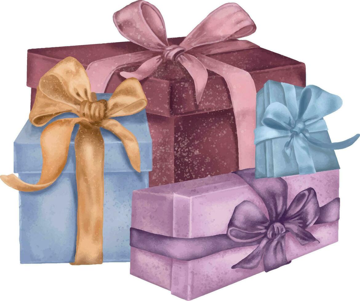 composition de cadeau des boites avec satin arc numérique illustration aquarelle style isolé sur blanche. cadeau, emballage ruban main dessiné. e vecteur