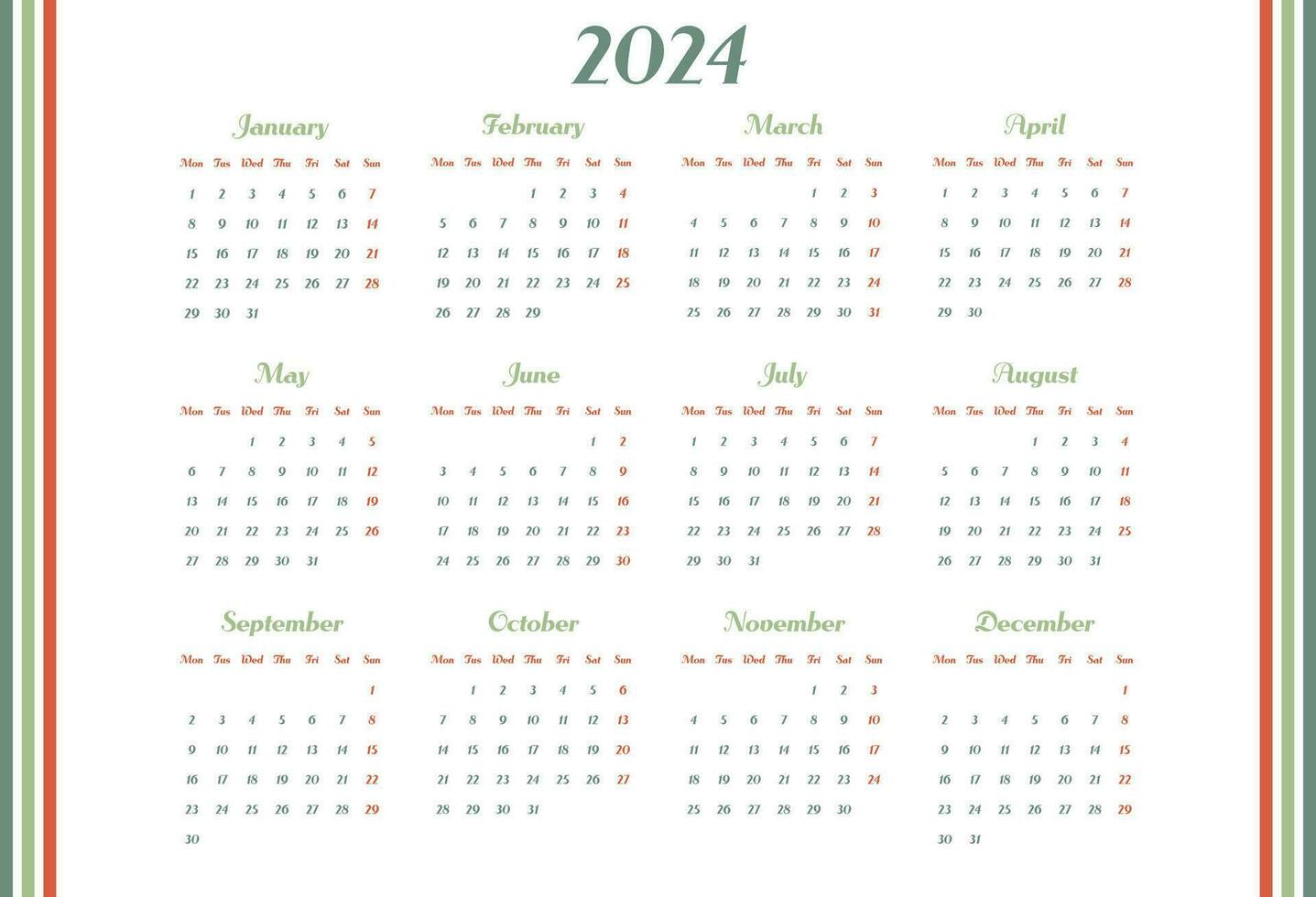 calendrier 2024 an. la semaine départs sur lundi. conception pour  planificateur, impression, papeterie, organisateur. 27988596 Art vectoriel  chez Vecteezy