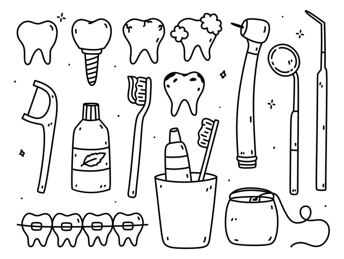 dentaire se soucier griffonnage ensemble. en bonne santé et malade dents, croisillons, les implants, brosses à dents et les fils dentaires, médical dentisterie outils - percer, inspection miroir, dentaire sonde. vecteur dessiné à la main illustration.