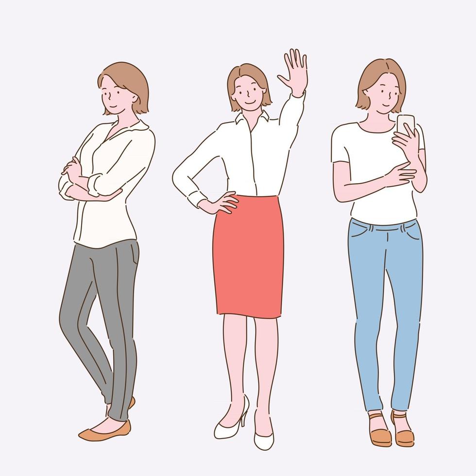 trois gestes d'une femme d'affaires. illustrations de conception de vecteur de style dessinés à la main.