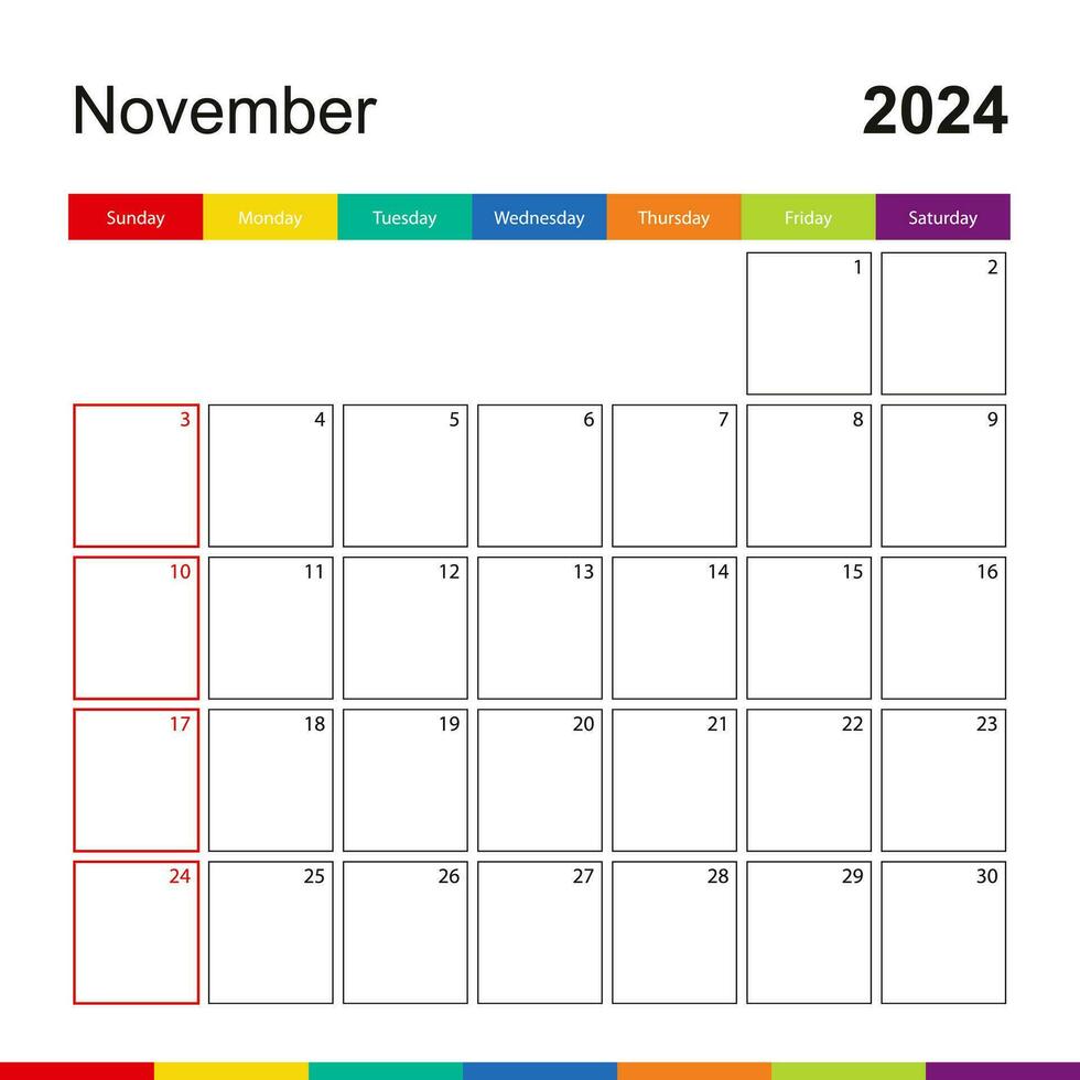 novembre 2024 coloré mur calendrier, la semaine départs sur dimanche. vecteur