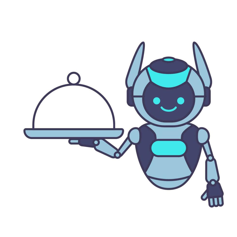 robot porter couvert assiette pour portion vecteur illustration. serveur robot mascotte illustration