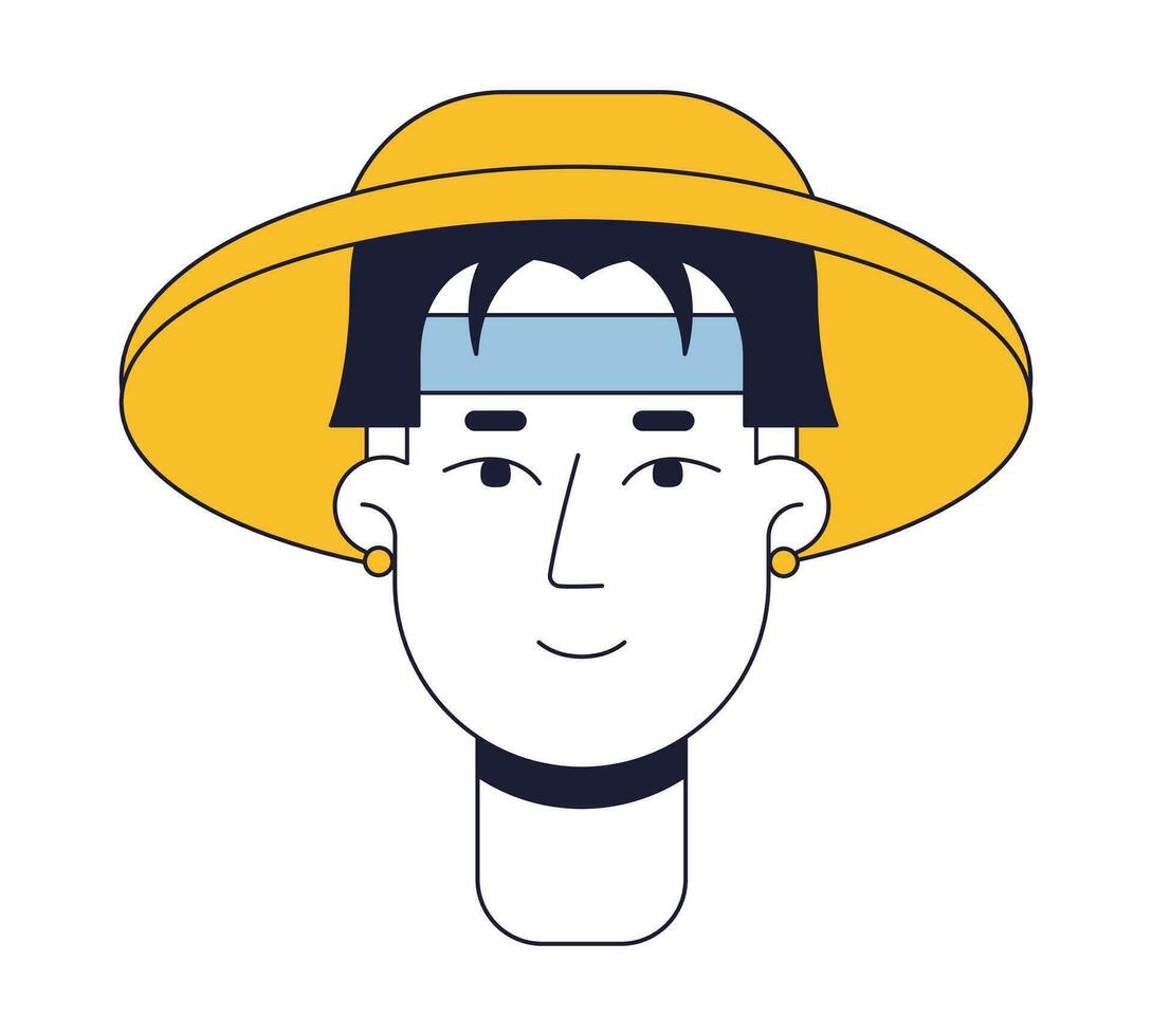 asiatique homme dans chapeau plat ligne Couleur vecteur personnage diriger. de bonne humeur brunette garçon. modifiable dessin animé avatar icône. visage émotion. Facile dessin animé place illustration pour la toile graphique conception