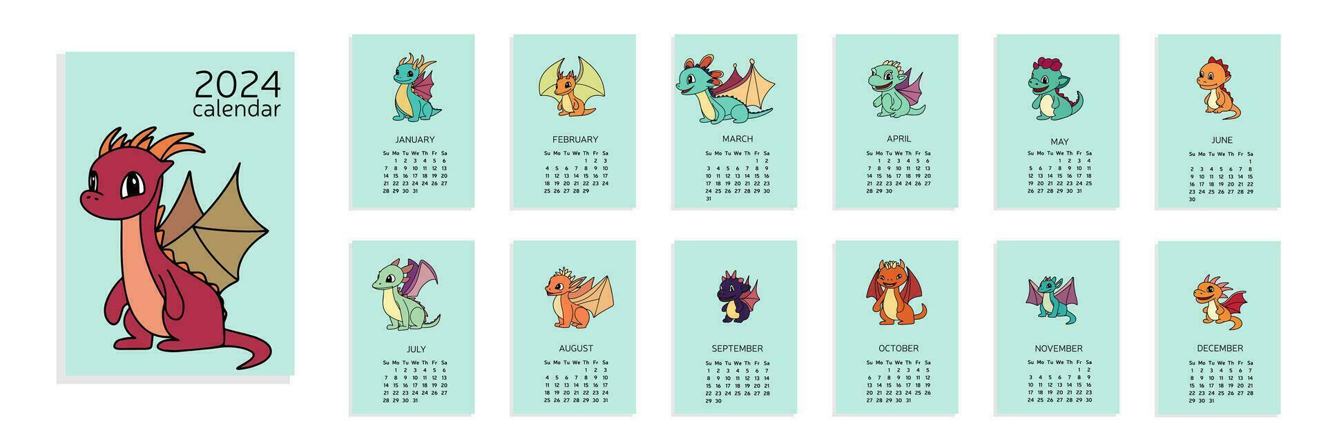 Calendrier 2024 Avec La Conception De Dragons Verts Calendrier  Planificateur Organisateur Annuel De Style Minimal