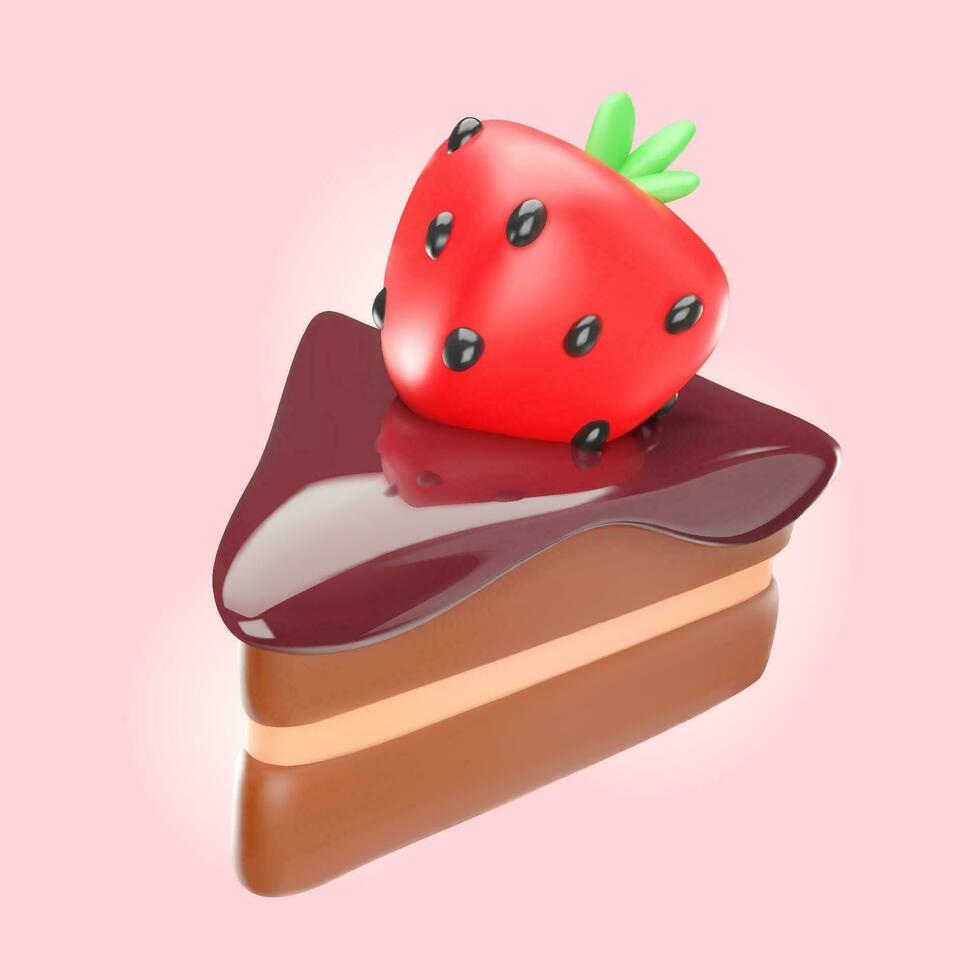 une pièce de Chocolat gâteau avec des fraises. 3d vecteur illustration de une pièce de gâteau. savoureux anniversaire aliments. fait maison Gâteaux.