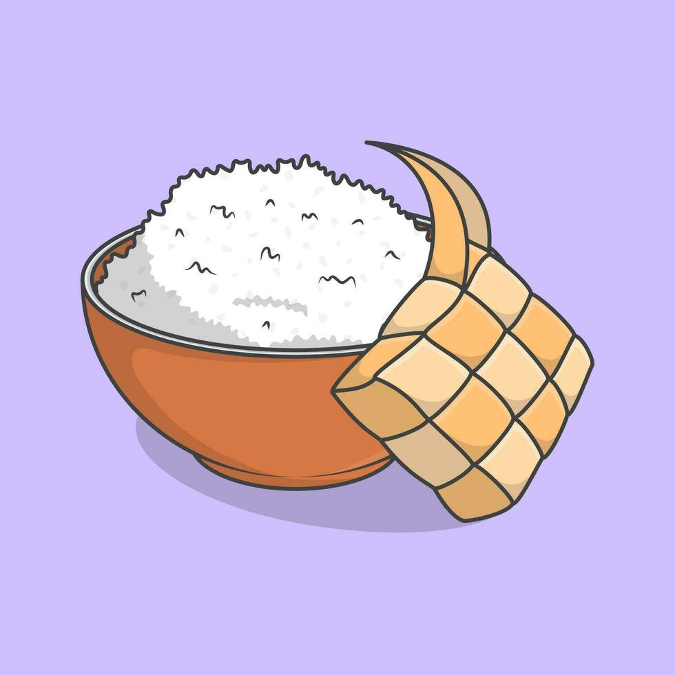 ketupat avec riz dans une bol dessin animé vecteur illustration. eid Al fitr ketupat nourriture plat icône contour
